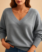 Women's V-Neck Jumper with Ribbed V Neckline and Cuffs, Relaxed Fit – Talia Lou