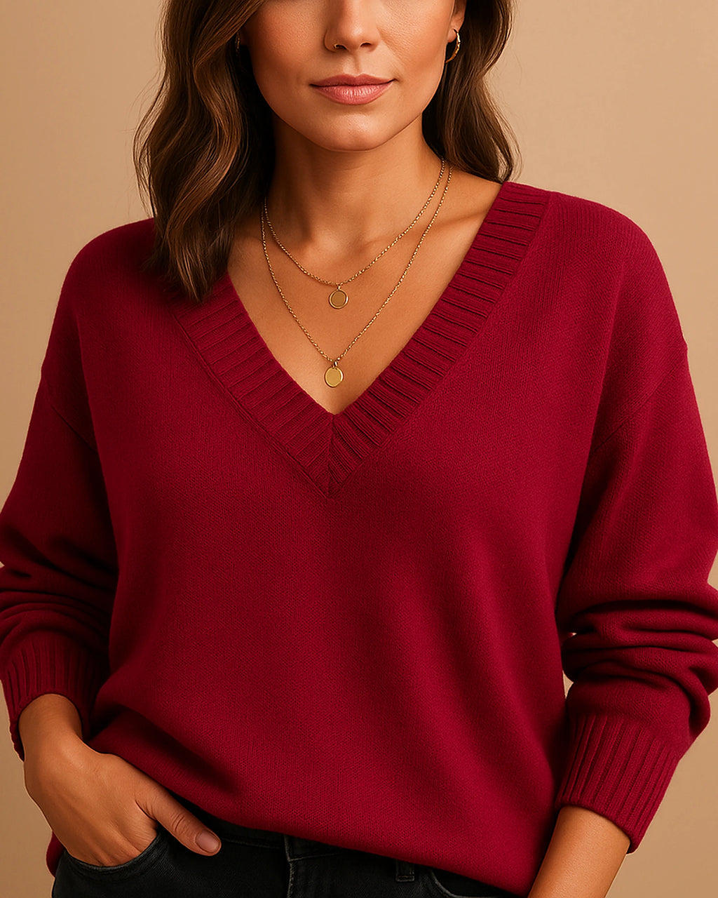 Women's V-Neck Jumper with Ribbed V Neckline and Cuffs, Relaxed Fit – Talia Lou