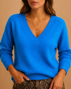 Women's V-Neck Jumper with Ribbed V Neckline and Cuffs, Relaxed Fit – Talia Lou