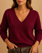 Women's V-Neck Jumper with Ribbed V Neckline and Cuffs, Relaxed Fit – Talia Lou