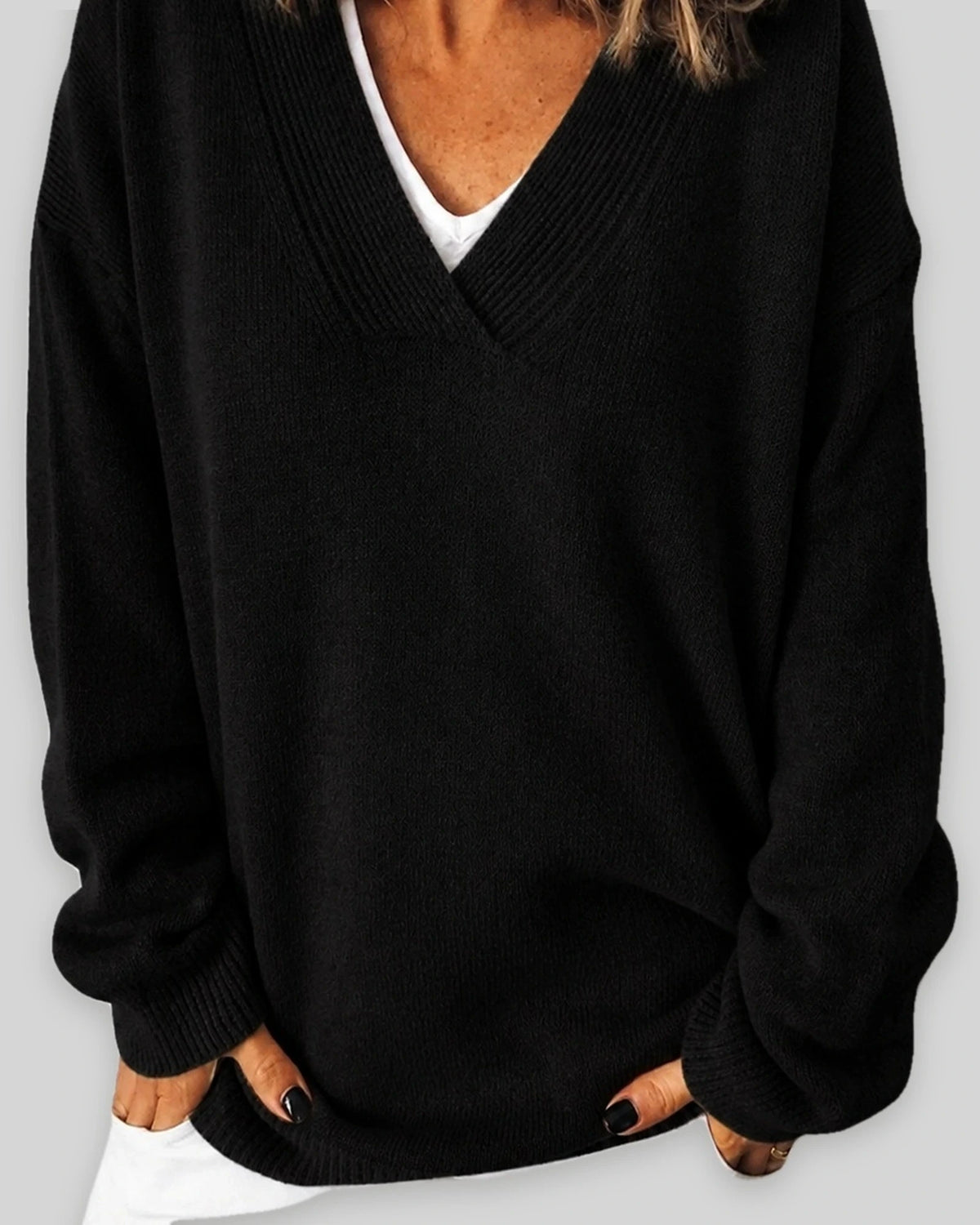 Women's V-Neck Knit Jumper with Deep Neckline and Ribbed Trim, Relaxed Fit – Orla Mae