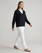 Women's V-Neck Knit Jumper with Deep Neckline and Ribbed Trim, Relaxed Fit – Orla Mae