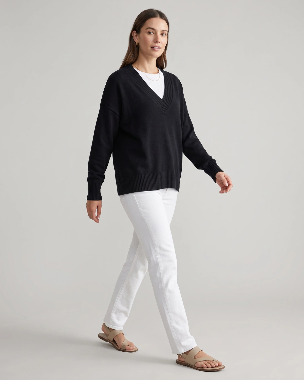 Women's V-Neck Knit Jumper with Deep Neckline and Ribbed Trim, Relaxed Fit – Orla Mae