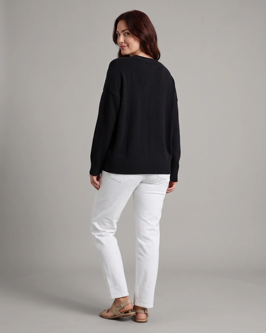 Women's V-Neck Knit Jumper with Deep Neckline and Ribbed Trim, Relaxed Fit – Orla Mae