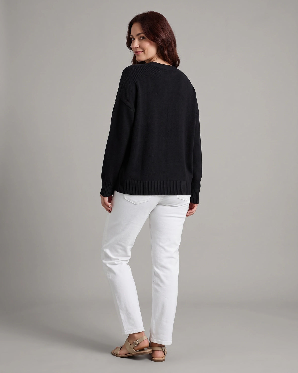 Women's V-Neck Knit Jumper with Deep Neckline and Ribbed Trim, Relaxed Fit – Orla Mae