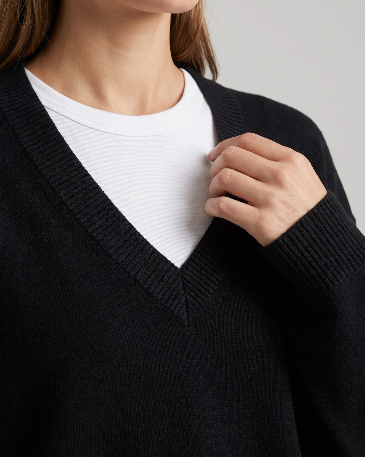 Women's V-Neck Knit Jumper with Deep Neckline and Ribbed Trim, Relaxed Fit – Orla Mae