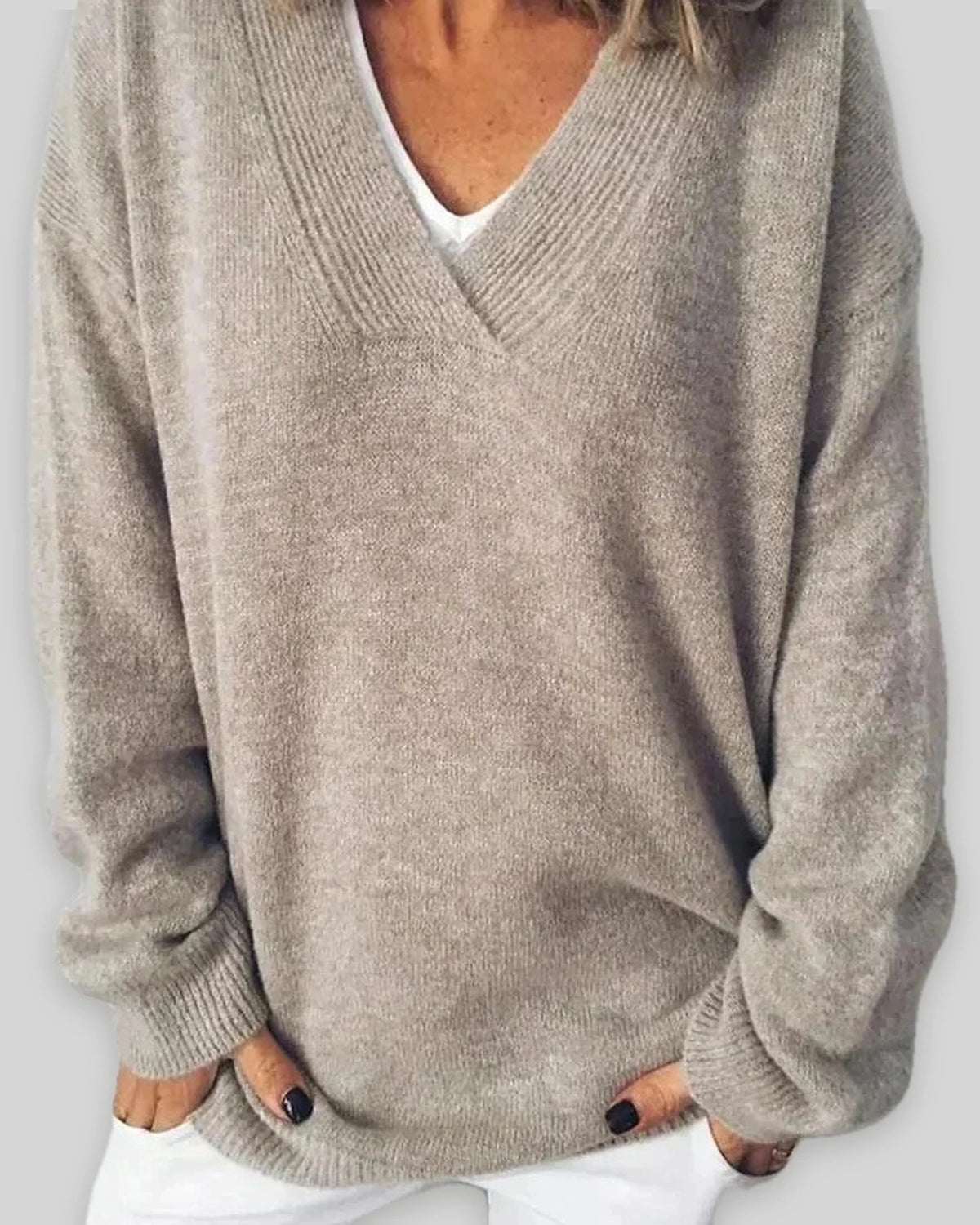 Women's V-Neck Knit Jumper with Deep Neckline and Ribbed Trim, Relaxed Fit – Orla Mae
