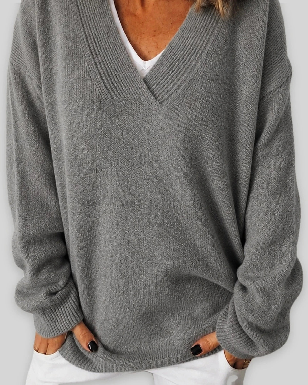 Women's V-Neck Knit Jumper with Deep Neckline and Ribbed Trim, Relaxed Fit – Orla Mae