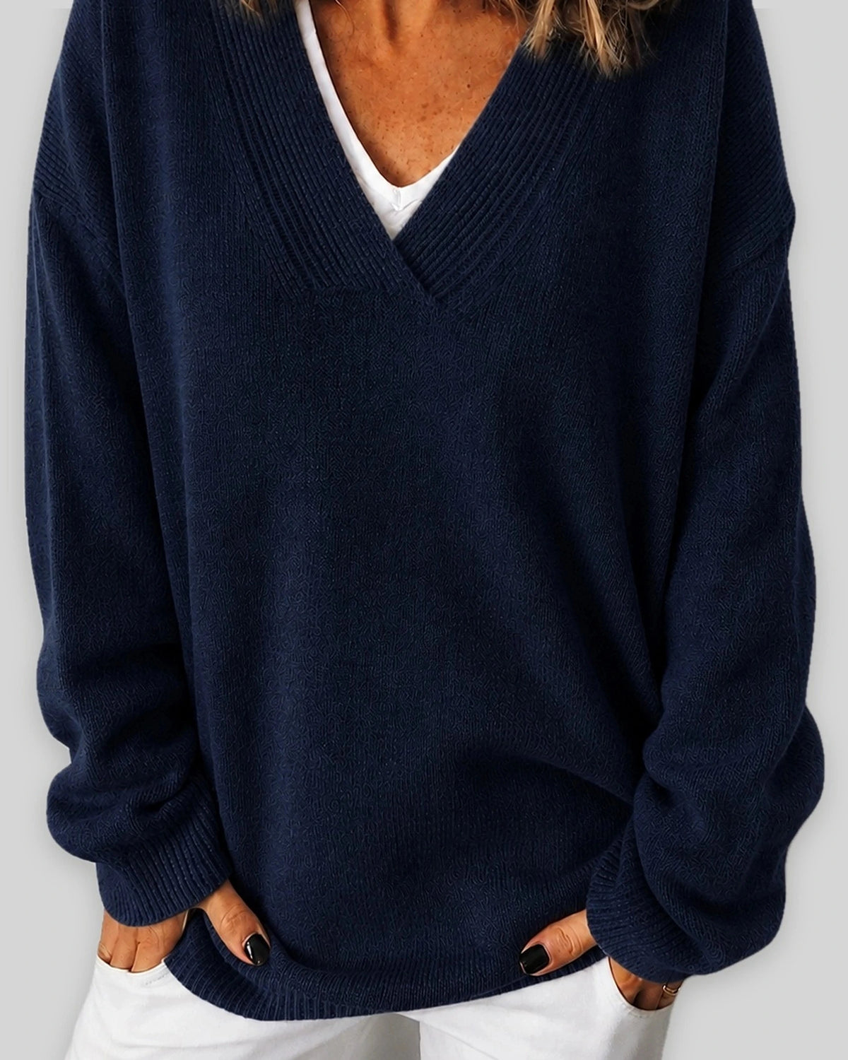 Women's V-Neck Knit Jumper with Deep Neckline and Ribbed Trim, Relaxed Fit – Orla Mae