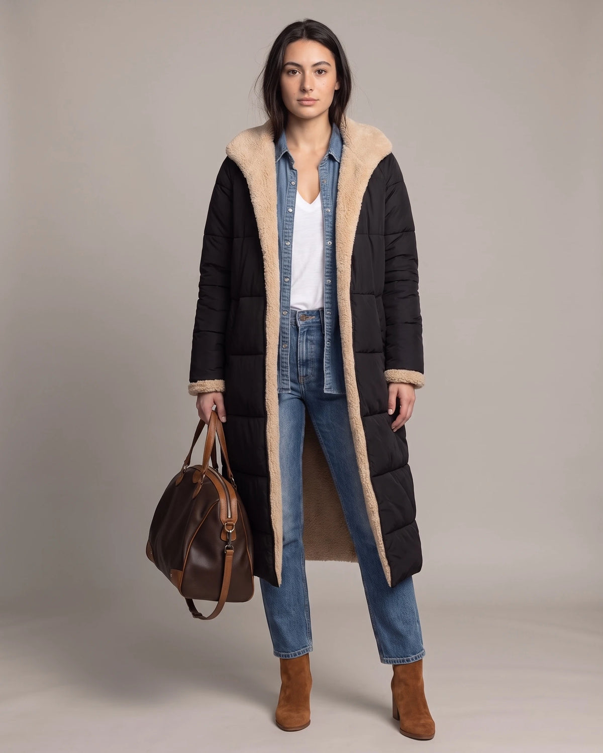 Women's Long Puffer Coat with Hood, Reversible Faux Shearling Lining – Ione