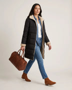 Women's Long Puffer Coat with Hood, Reversible Faux Shearling Lining – Ione