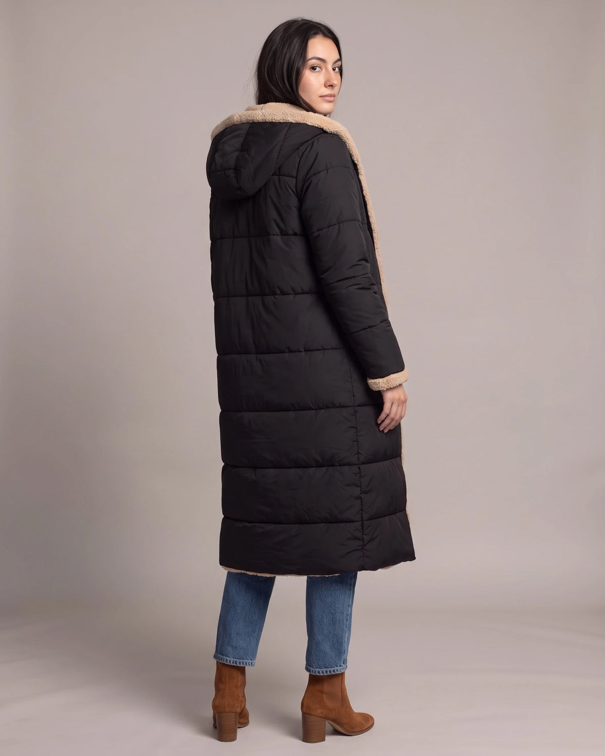 Women's Long Puffer Coat with Hood, Reversible Faux Shearling Lining – Ione