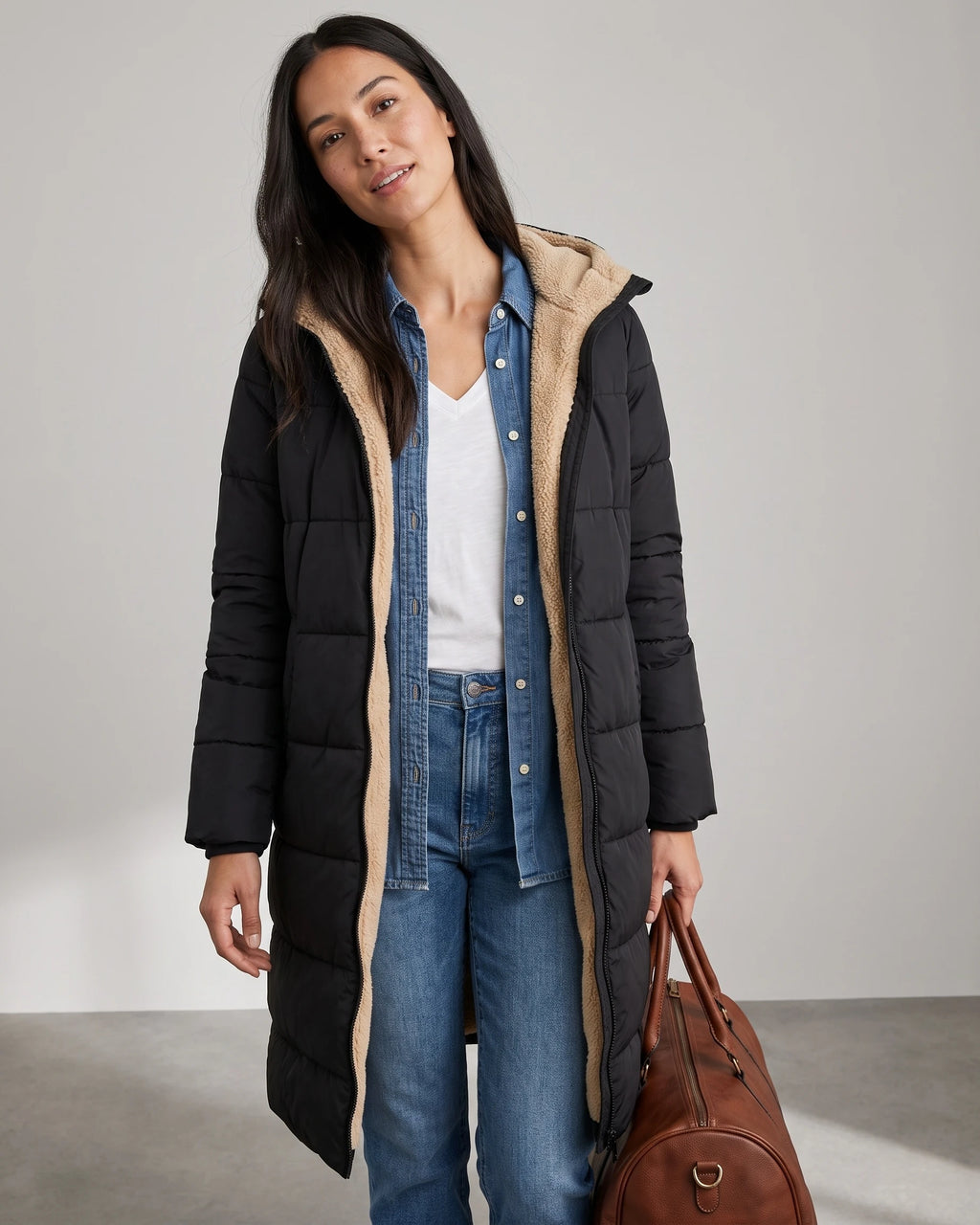 Women's Long Puffer Coat with Hood, Reversible Faux Shearling Lining – Ione