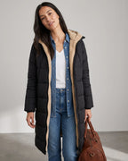 Women's Long Puffer Coat with Hood, Reversible Faux Shearling Lining – Ione