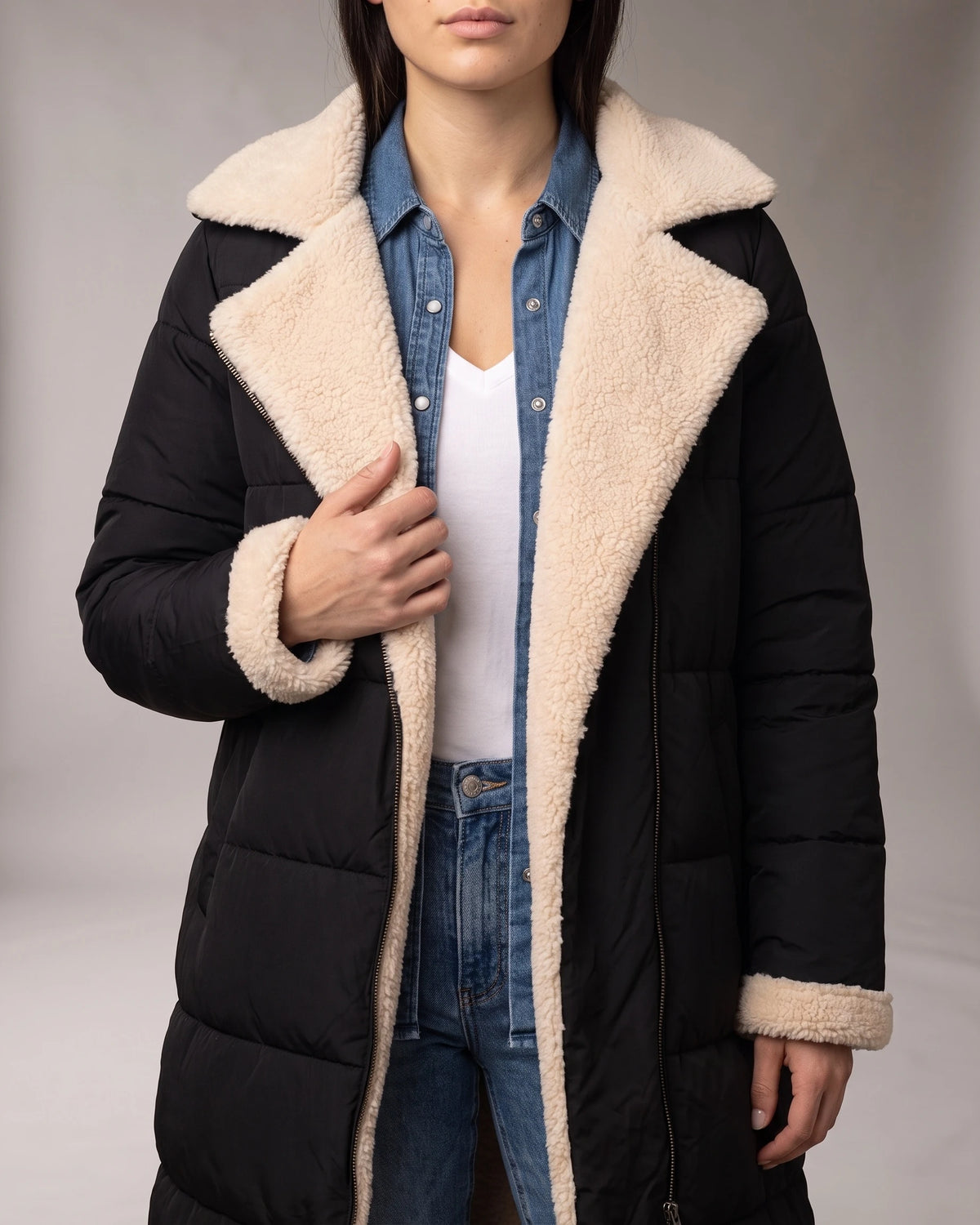 Women's Long Puffer Coat with Hood, Reversible Faux Shearling Lining – Ione