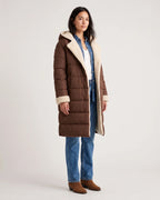 Women's Long Puffer Coat with Hood, Reversible Faux Shearling Lining – Ione