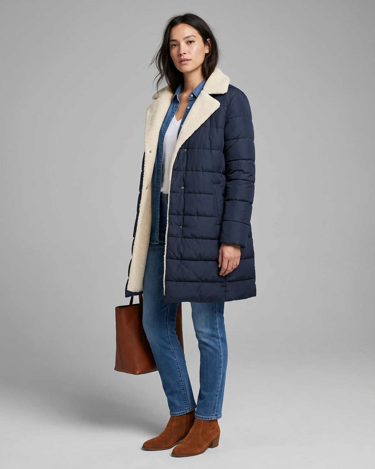 Women's Long Puffer Coat with Hood, Reversible Faux Shearling Lining – Ione