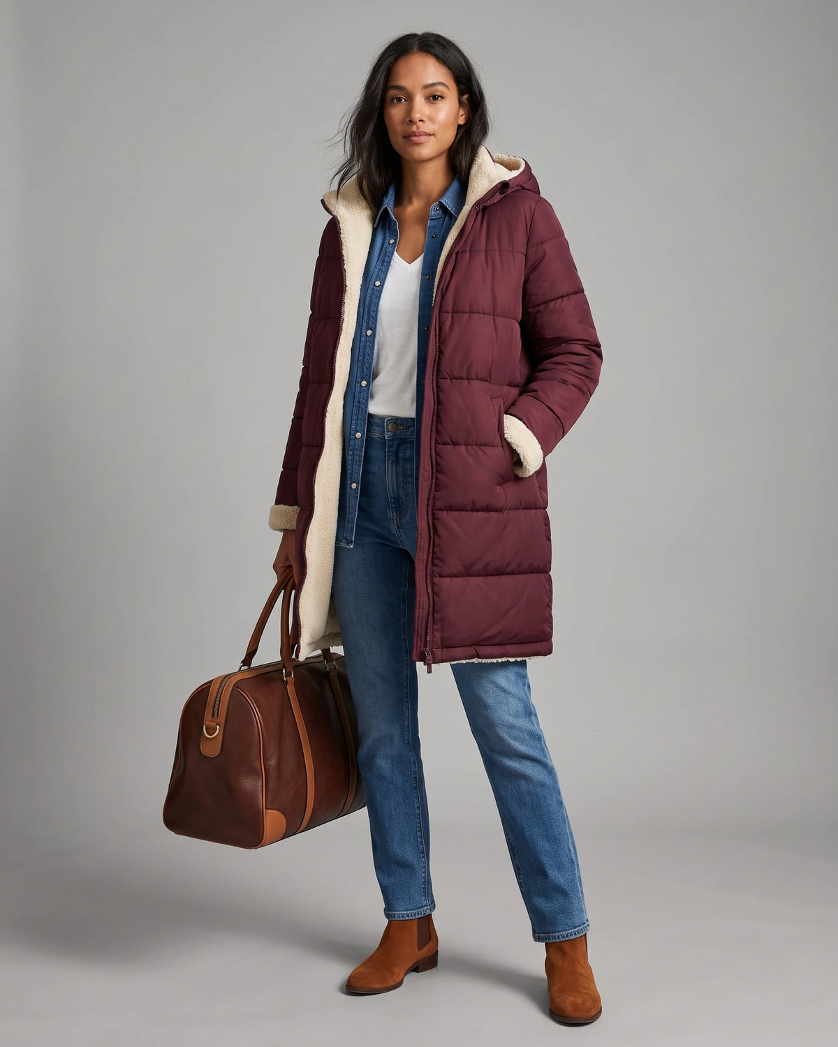 Women's Long Puffer Coat with Hood, Reversible Faux Shearling Lining – Ione