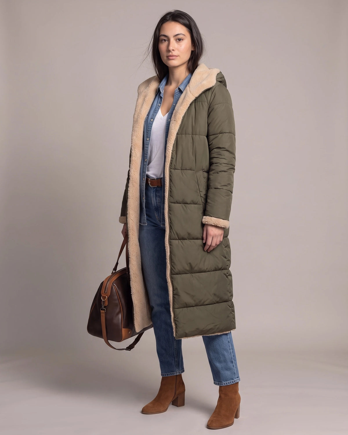 Women's Long Puffer Coat with Hood, Reversible Faux Shearling Lining – Ione