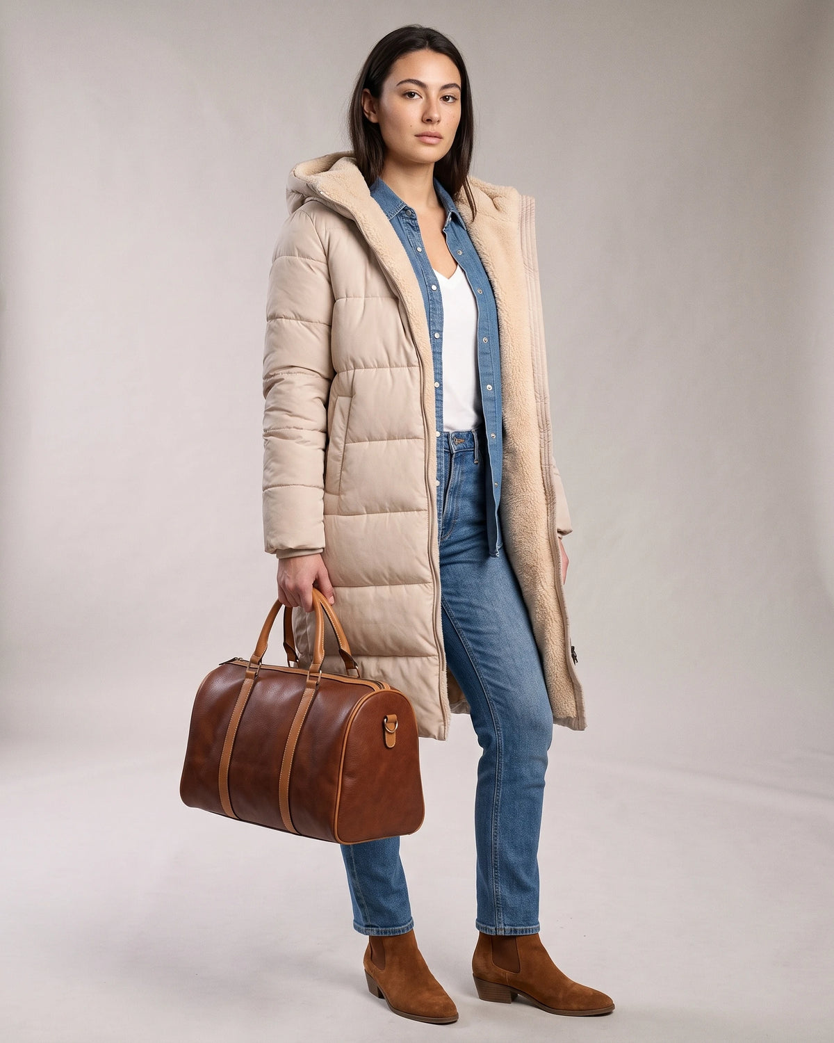 Women's Long Puffer Coat with Hood, Reversible Faux Shearling Lining – Ione