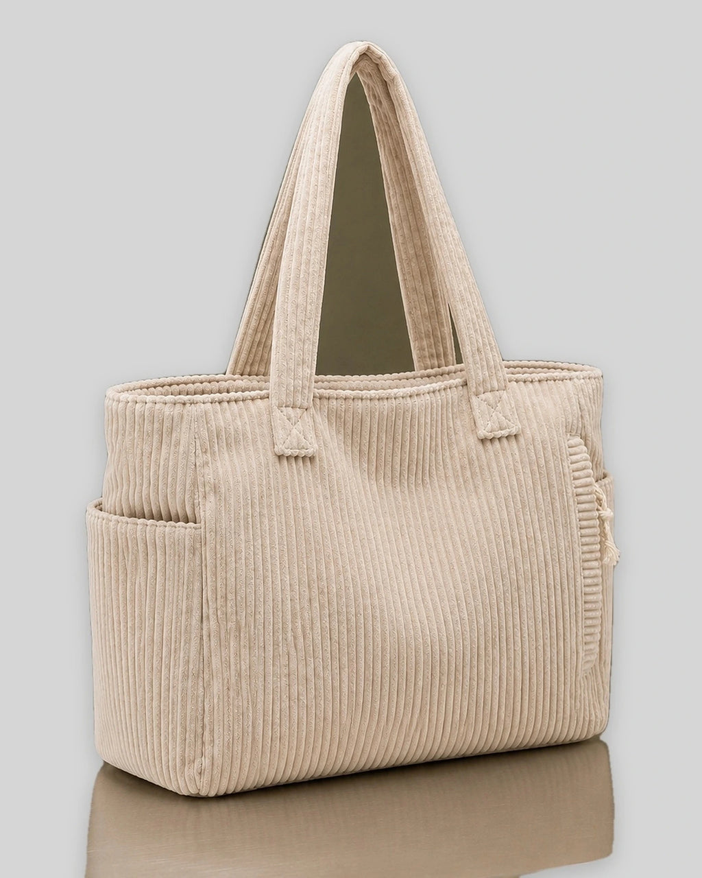 Women's Tote Bag Handbag in Ribbed Corduroy with Exterior Pockets – Ruby Grey