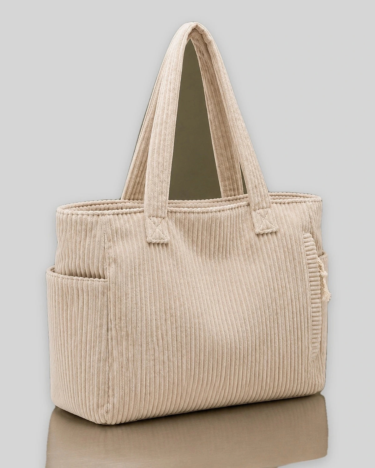 Women's Tote Bag Handbag in Ribbed Corduroy with Exterior Pockets – Ruby Grey