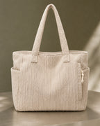 Women's Tote Bag Handbag in Ribbed Corduroy with Exterior Pockets – Ruby Grey