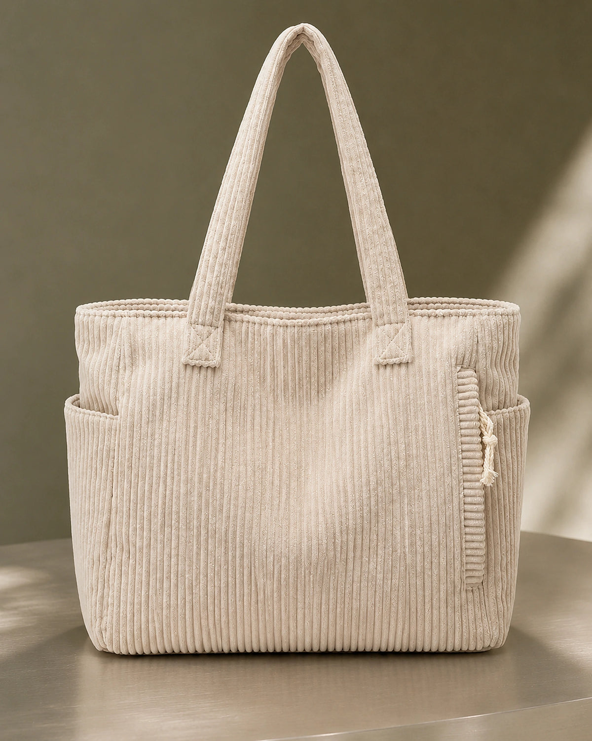 Women's Tote Bag Handbag in Ribbed Corduroy with Exterior Pockets – Ruby Grey