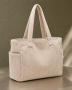 Women's Tote Bag Handbag in Ribbed Corduroy with Exterior Pockets – Ruby Grey