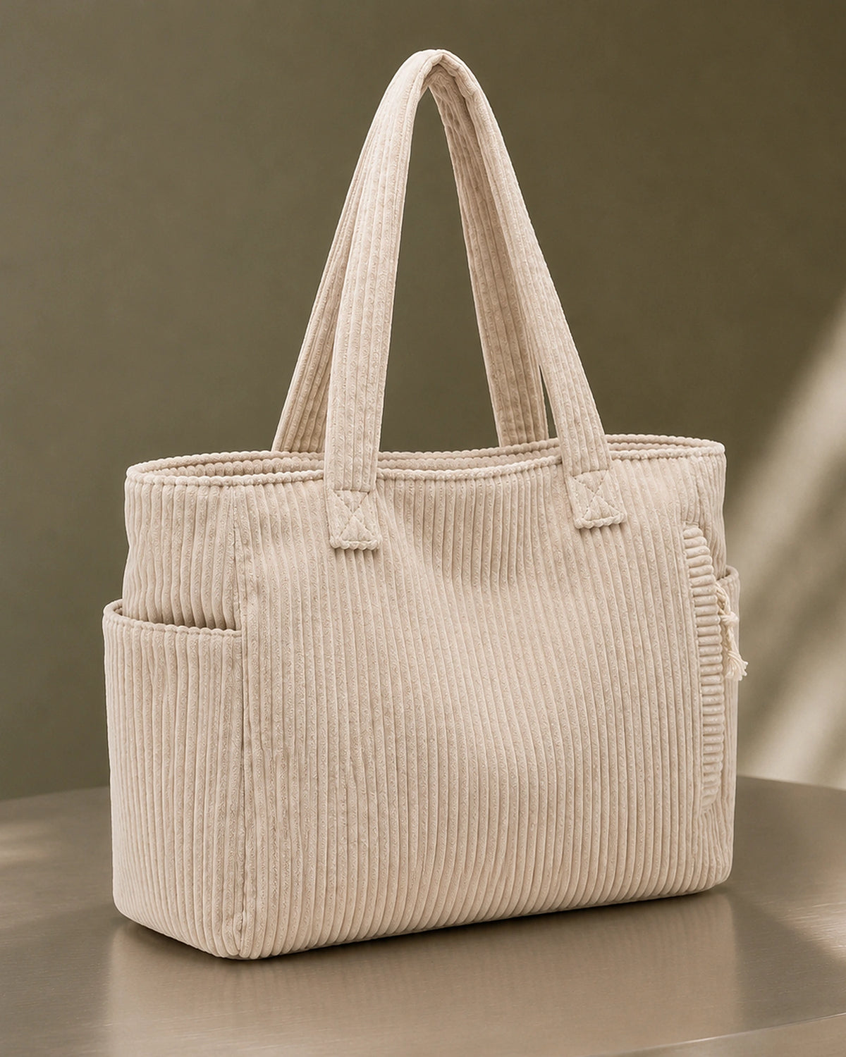 Women's Tote Bag Handbag in Ribbed Corduroy with Exterior Pockets – Ruby Grey
