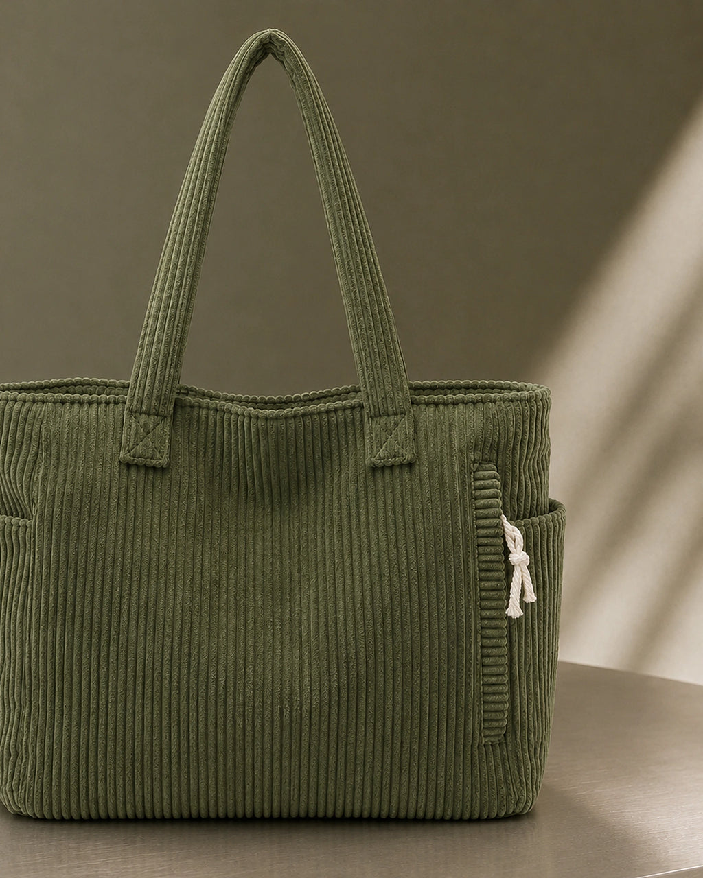 Women's Tote Bag Handbag in Ribbed Corduroy with Exterior Pockets – Ruby Grey