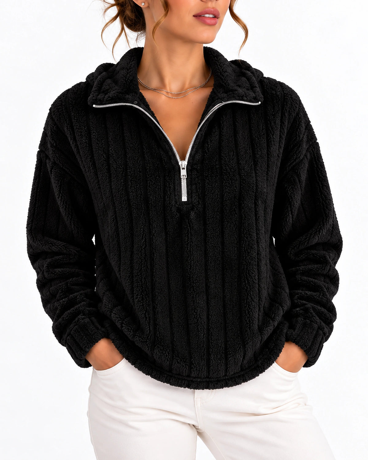 Women's Sweatshirt with Funnel Neck, Ribbed Teddy Fleece Half-Zip and Dropped Shoulders – Harper