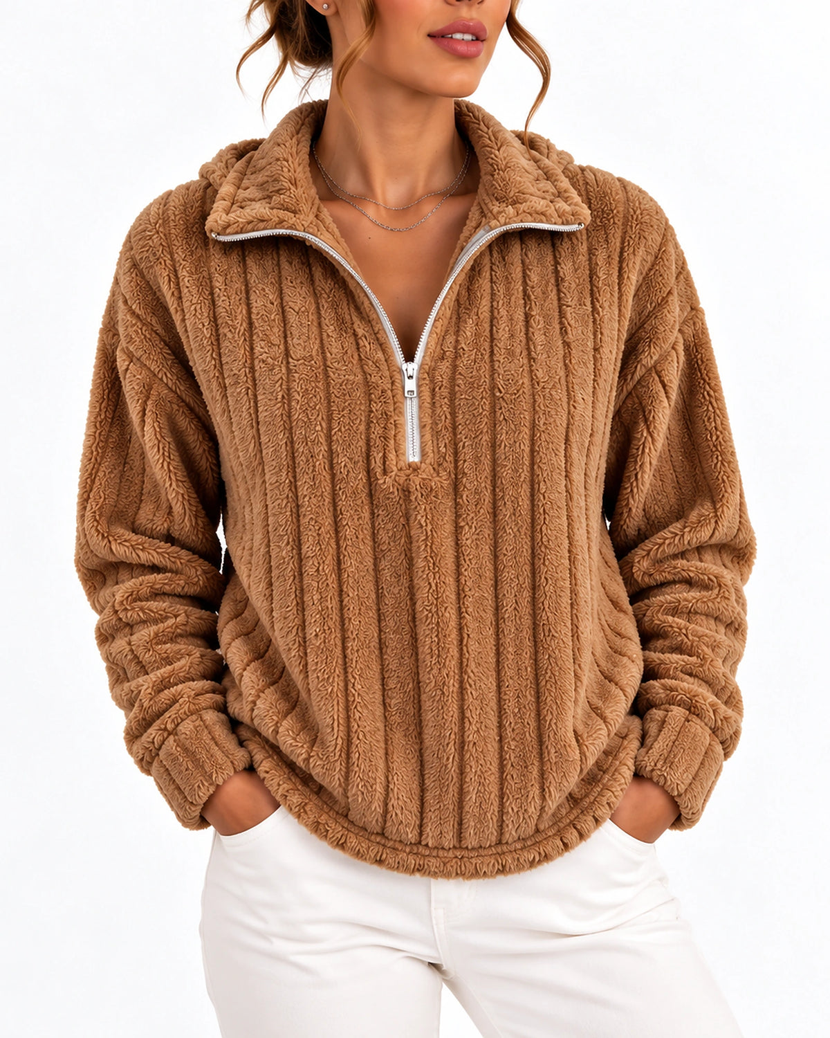 Women's Sweatshirt with Funnel Neck, Ribbed Teddy Fleece Half-Zip and Dropped Shoulders – Harper