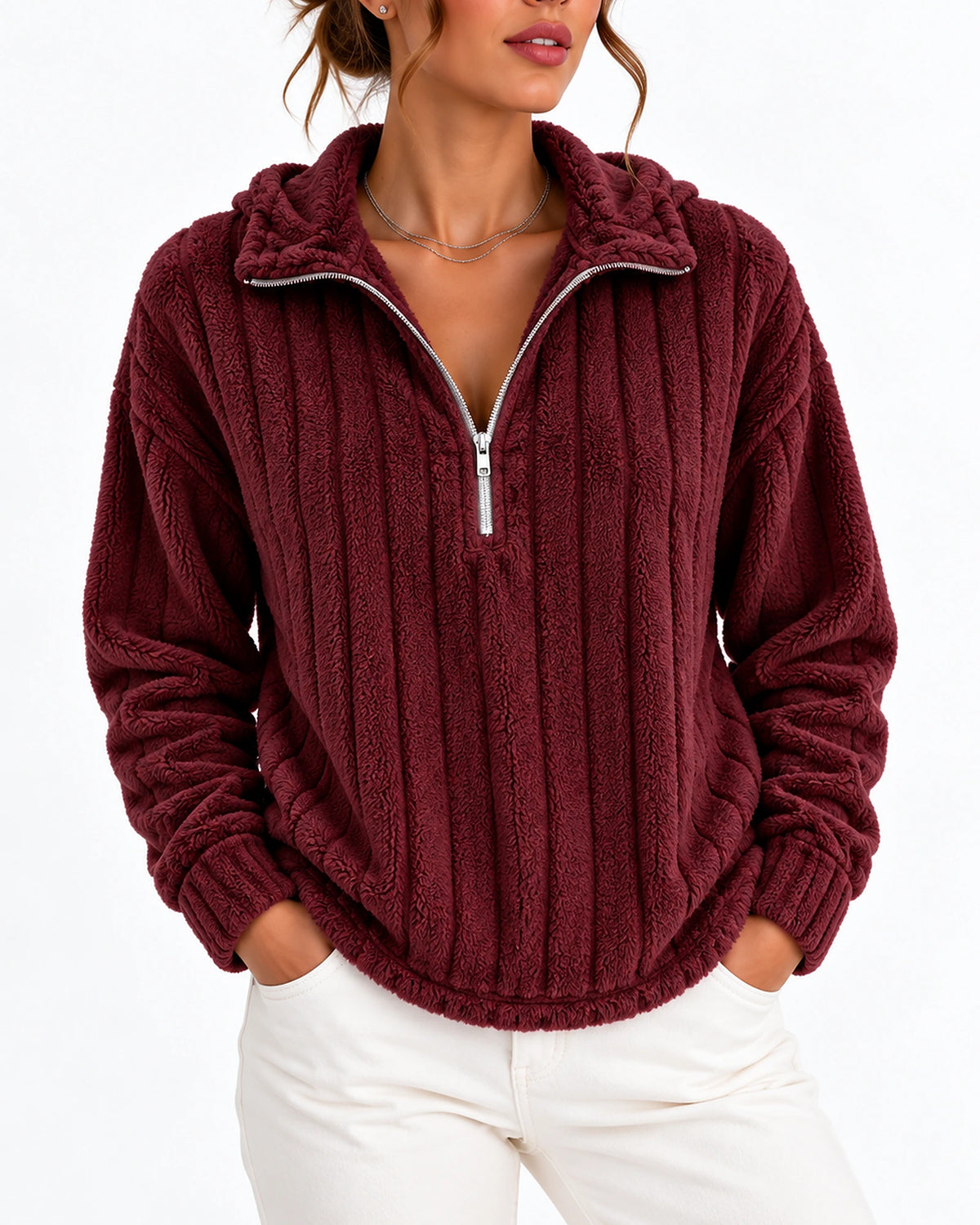 Women's Sweatshirt with Funnel Neck, Ribbed Teddy Fleece Half-Zip and Dropped Shoulders – Harper