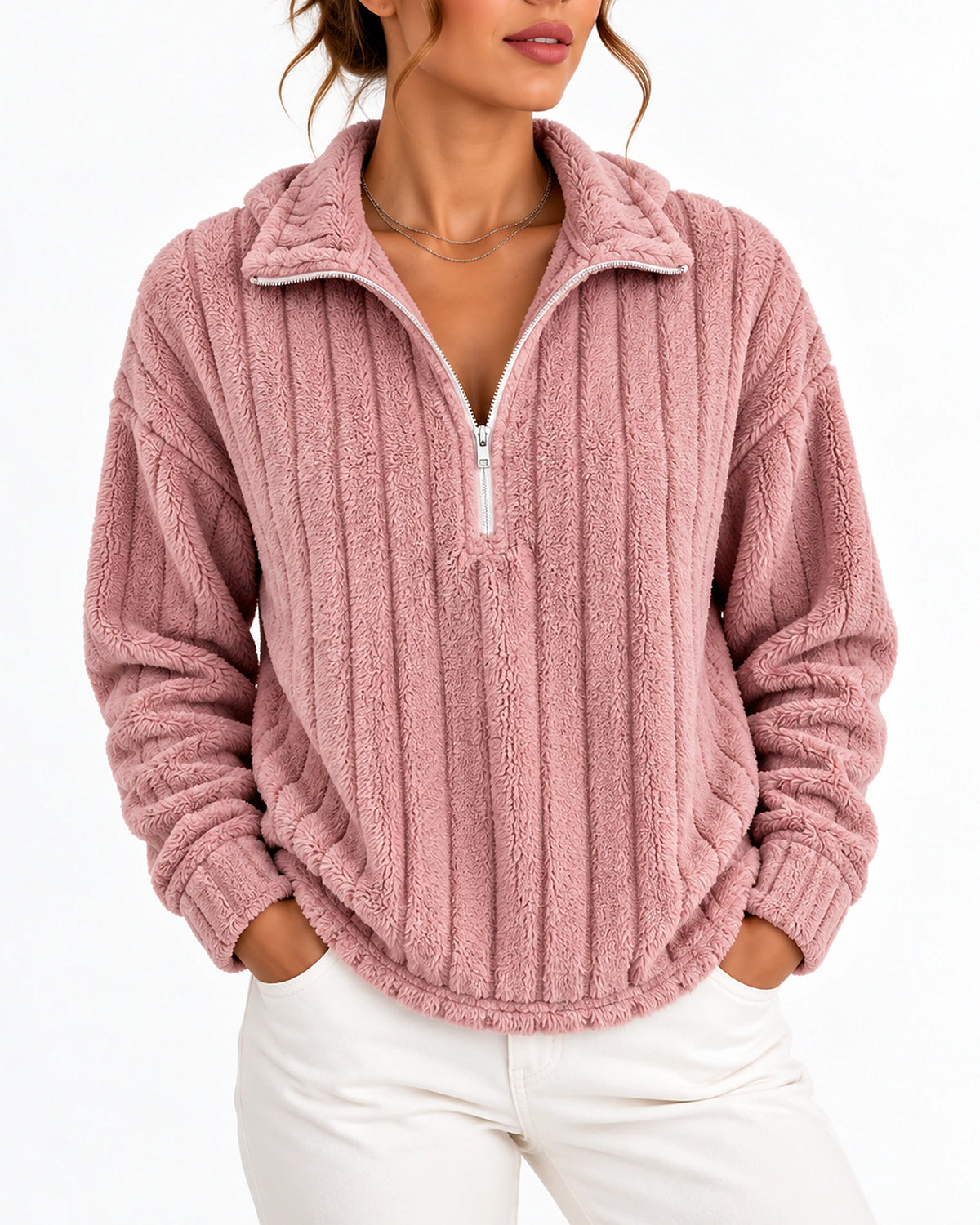 Women's Sweatshirt with Funnel Neck, Ribbed Teddy Fleece Half-Zip and Dropped Shoulders – Harper