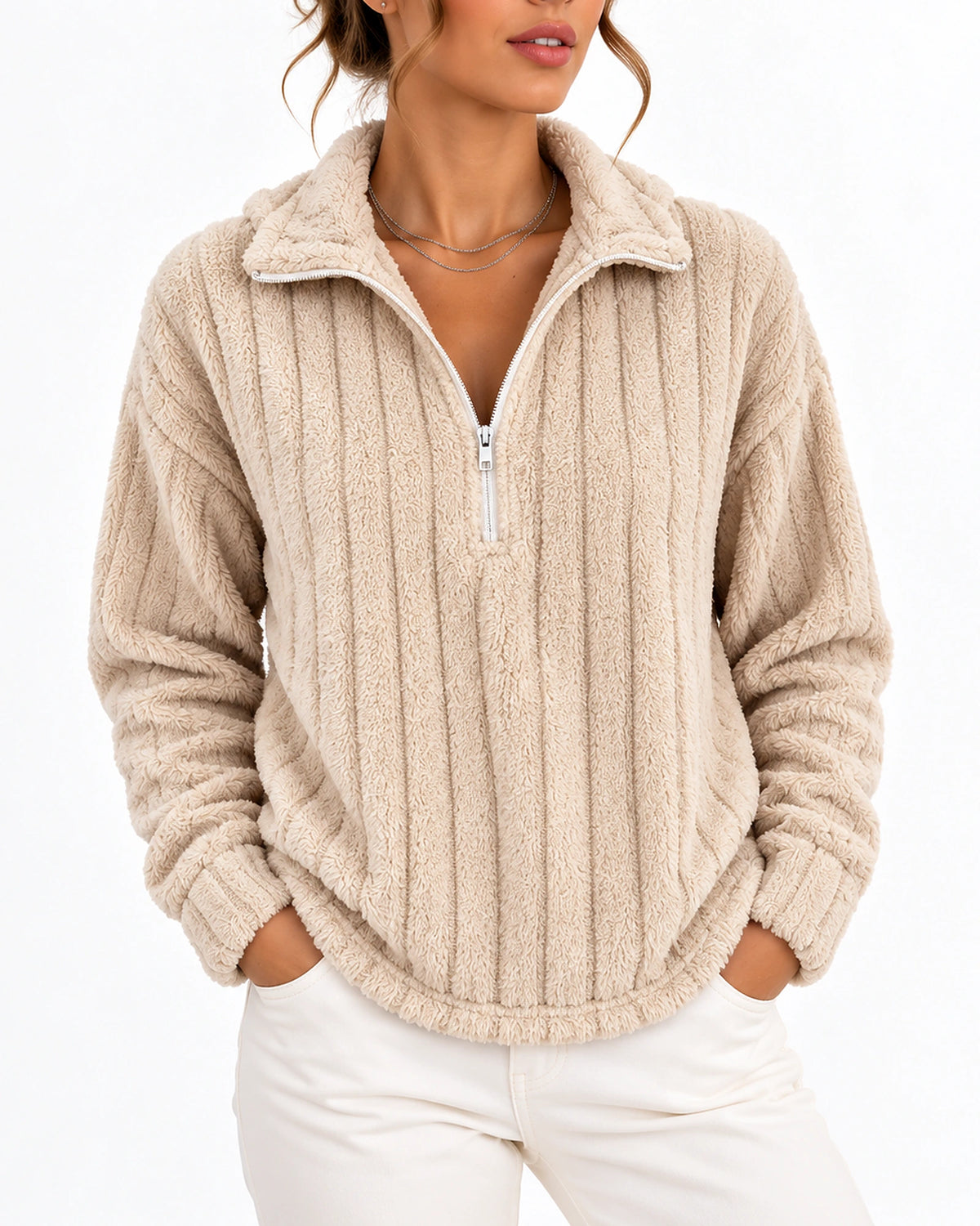 Women's Sweatshirt with Funnel Neck, Ribbed Teddy Fleece Half-Zip and Dropped Shoulders – Harper