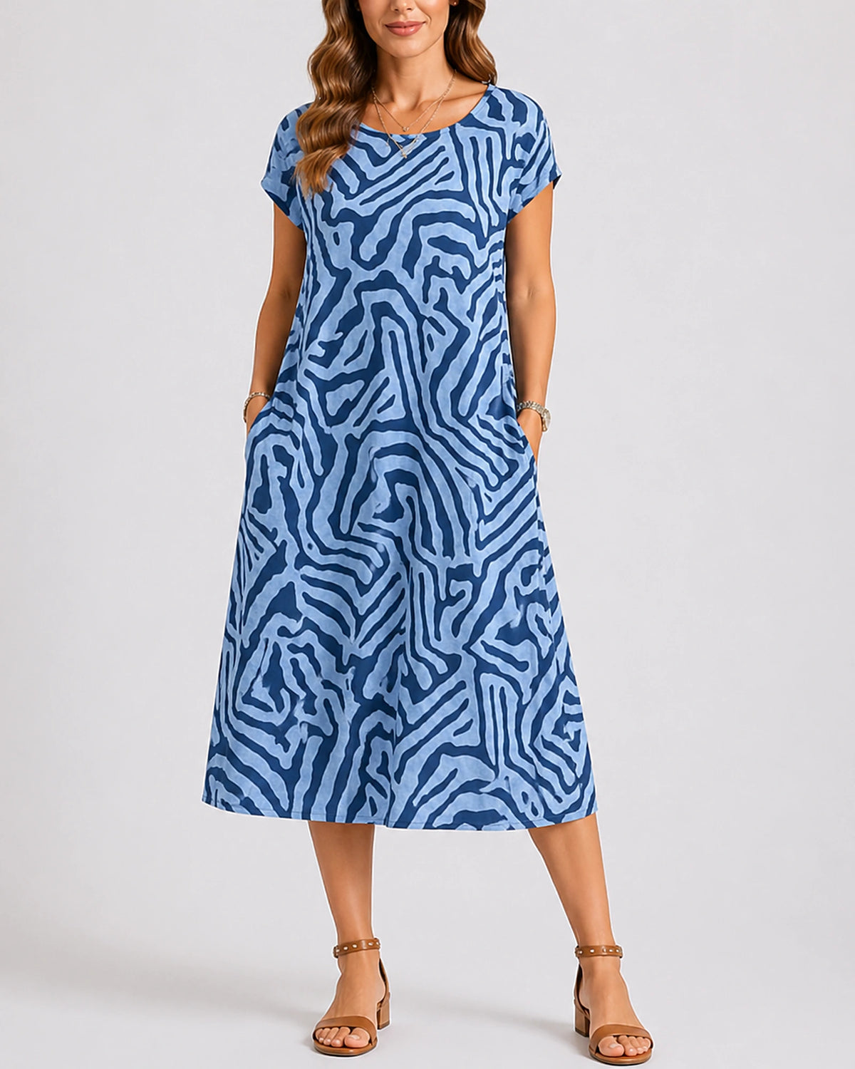 Women's Midi Summer Dress in Abstract Print Jersey with Side Pockets, Round Neck Short Sleeve – Mila Jane