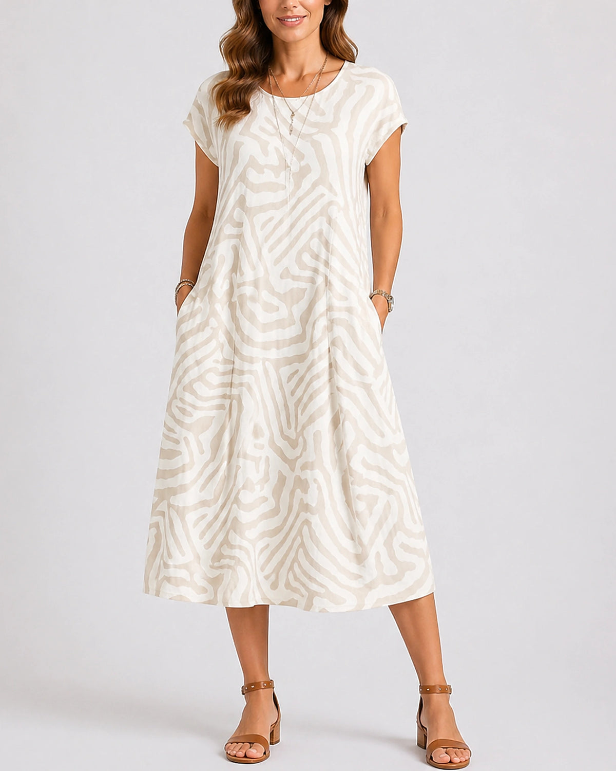 Women's Midi Summer Dress in Abstract Print Jersey with Side Pockets, Round Neck Short Sleeve – Mila Jane