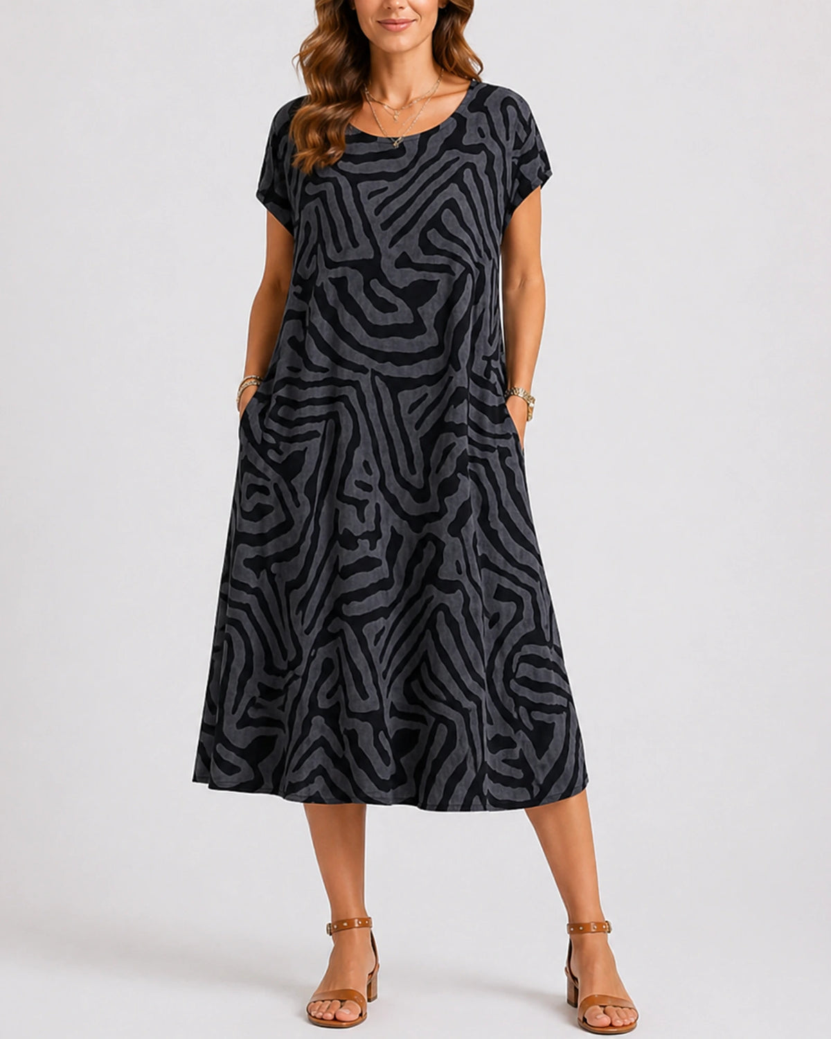 Women's Midi Summer Dress in Abstract Print Jersey with Side Pockets, Round Neck Short Sleeve – Mila Jane