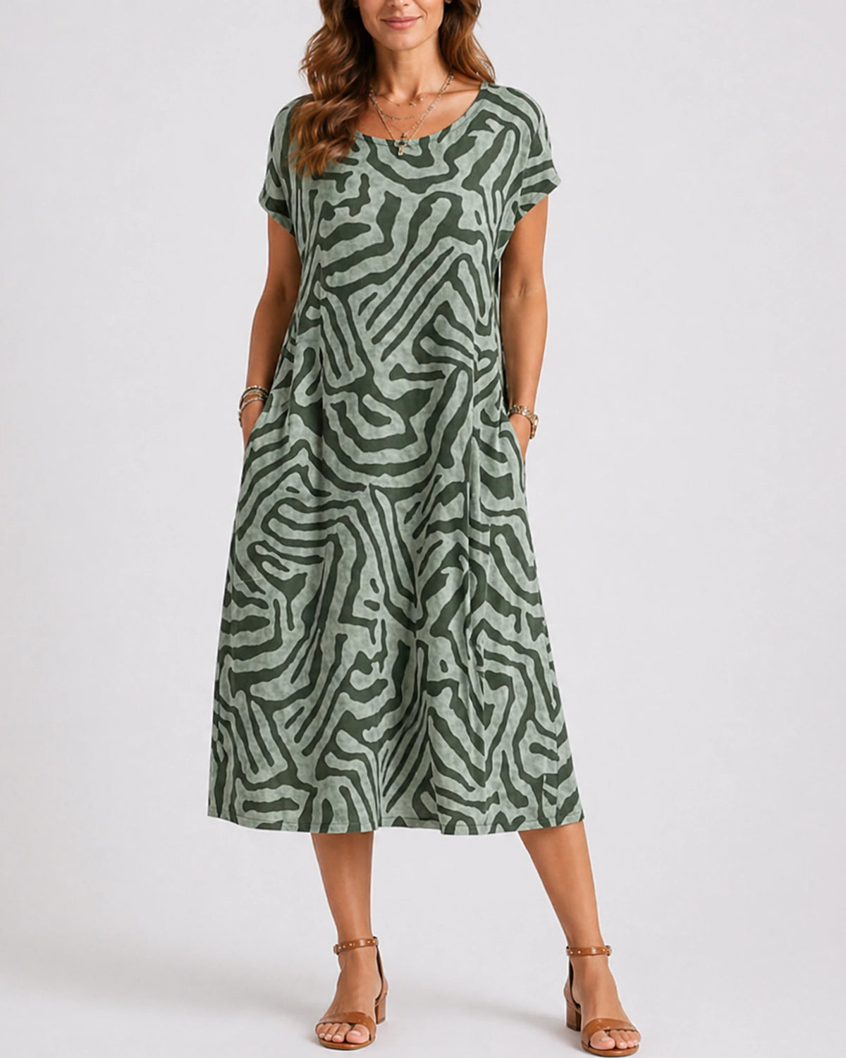 Women's Midi Summer Dress in Abstract Print Jersey with Side Pockets, Round Neck Short Sleeve – Mila Jane