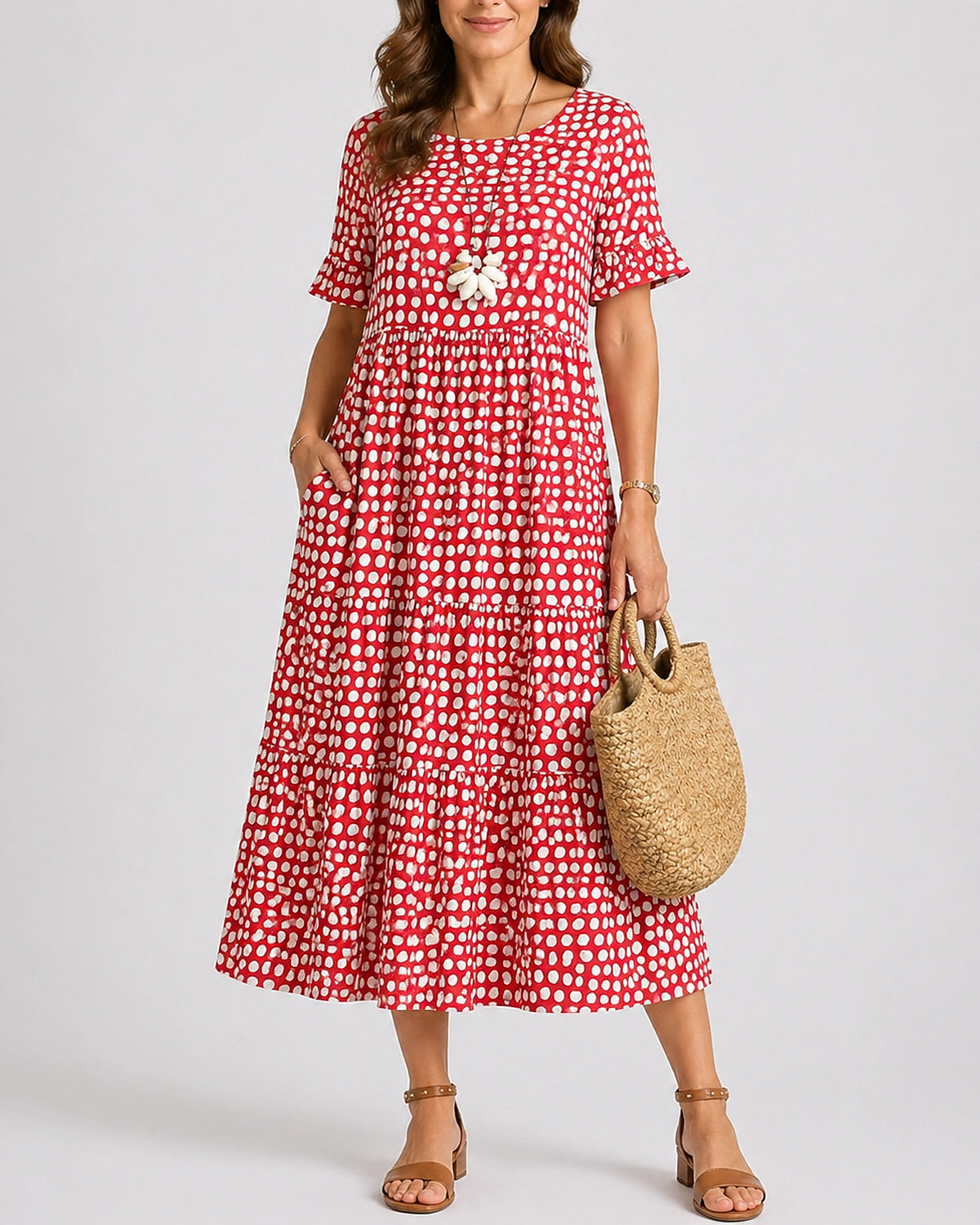 Women's Midi Dress with Ruffle Sleeves and Side Pockets in Polka Dot – Nora Grey