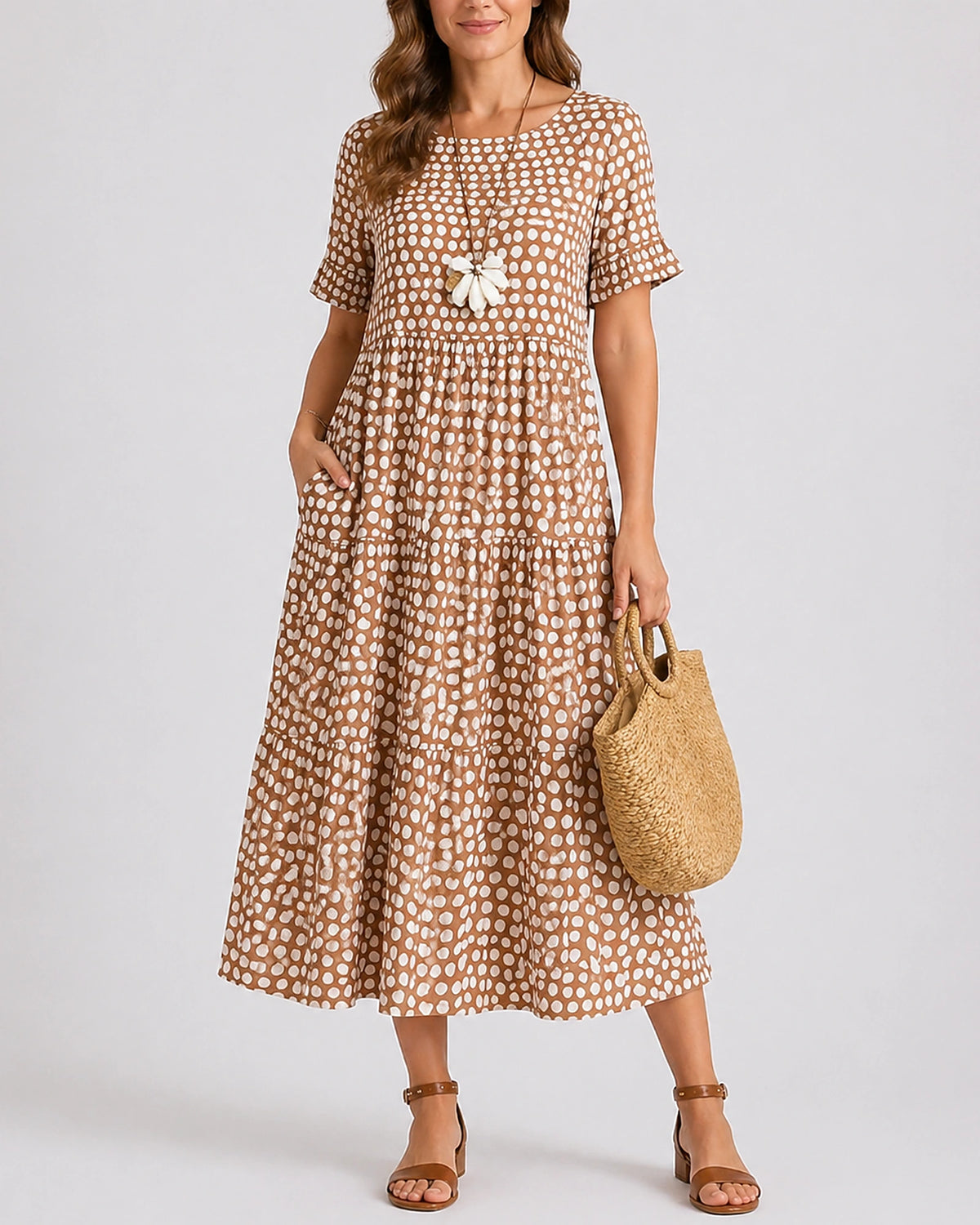 Women's Midi Dress with Ruffle Sleeves and Side Pockets in Polka Dot – Nora Grey