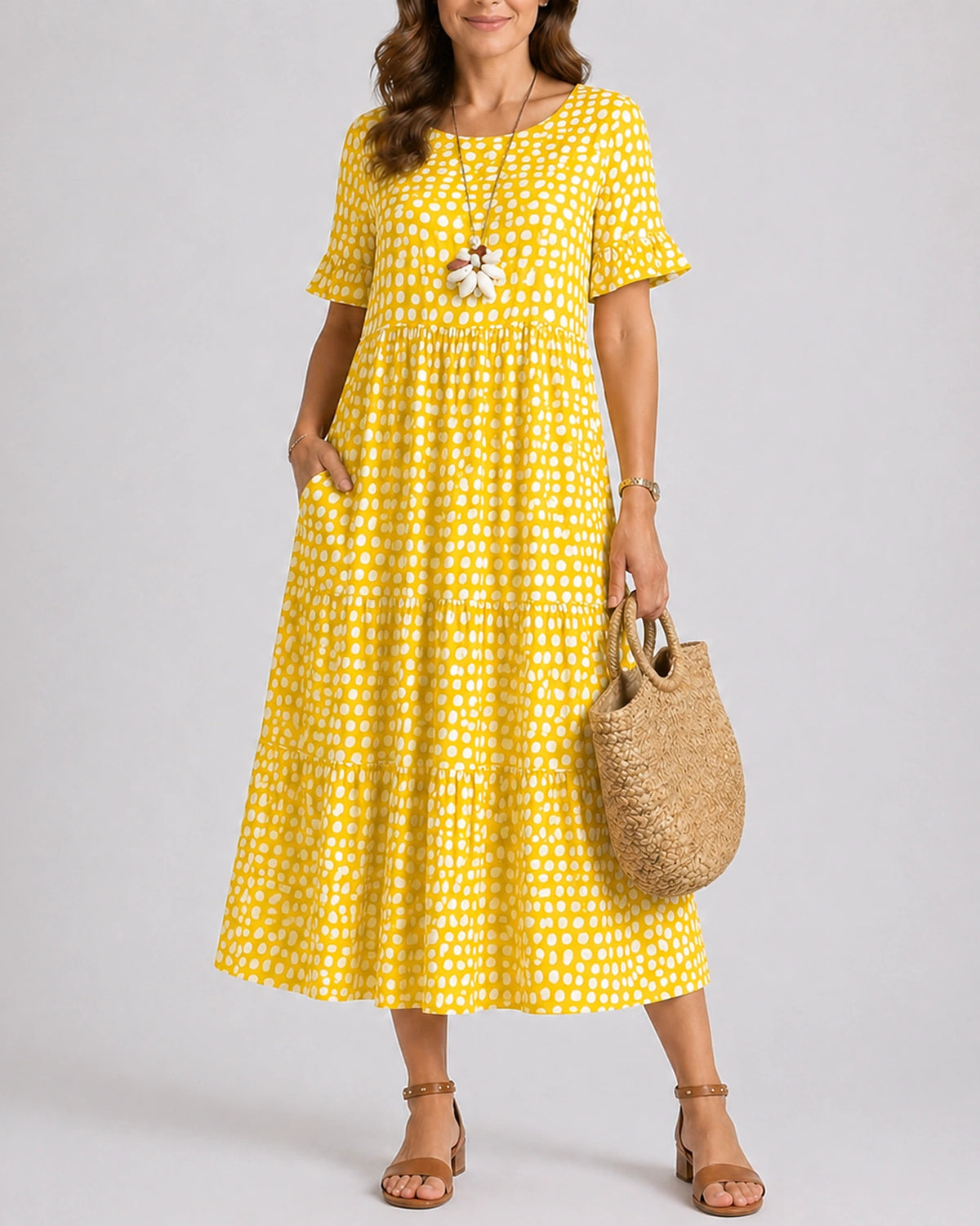 Women's Midi Dress with Ruffle Sleeves and Side Pockets in Polka Dot – Nora Grey