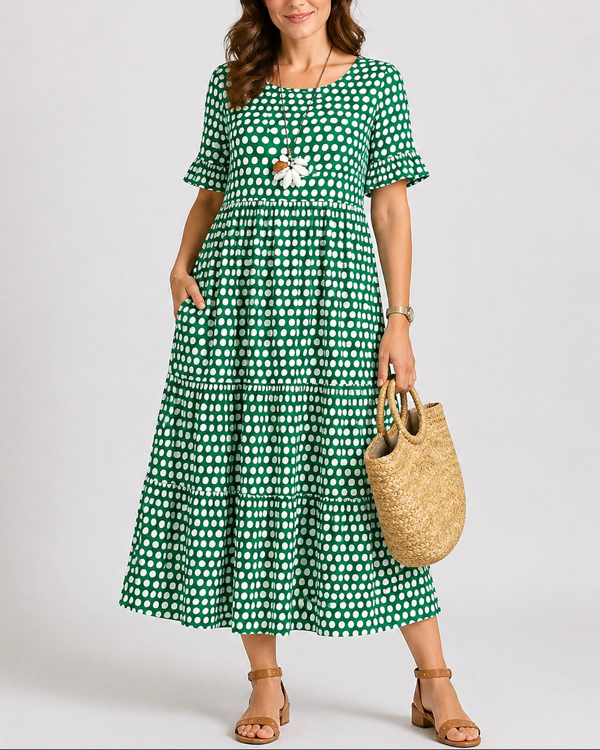 Women's Midi Dress with Ruffle Sleeves and Side Pockets in Polka Dot – Nora Grey