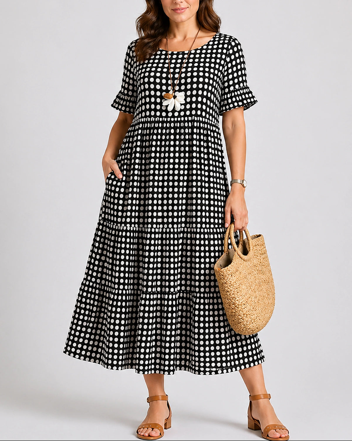 Women's Midi Dress with Ruffle Sleeves and Side Pockets in Polka Dot – Nora Grey