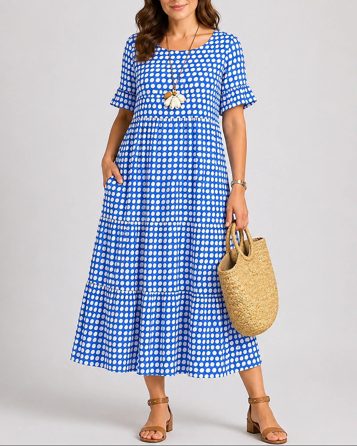 Women's Midi Dress with Ruffle Sleeves and Side Pockets in Polka Dot – Nora Grey