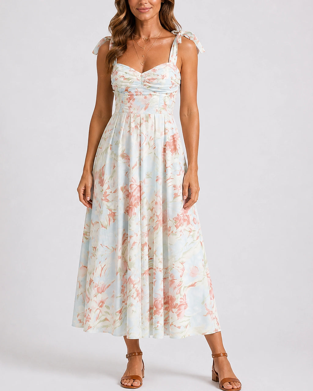 Women's Floral Midi Dress with Tie Shoulders and A-Line Skirt – Phoebe Lou