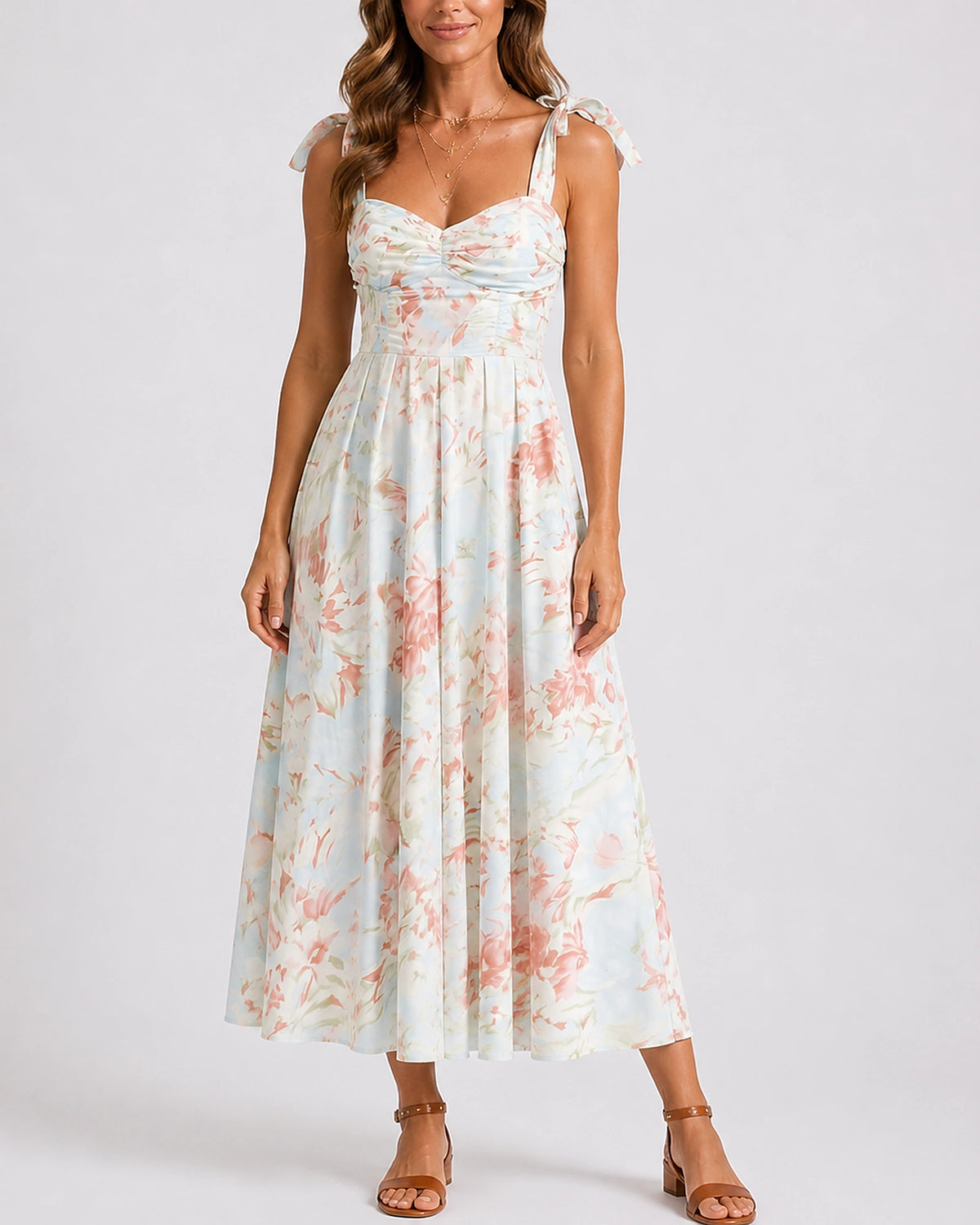 Women's Floral Midi Dress with Tie Shoulders and A-Line Skirt – Phoebe Lou