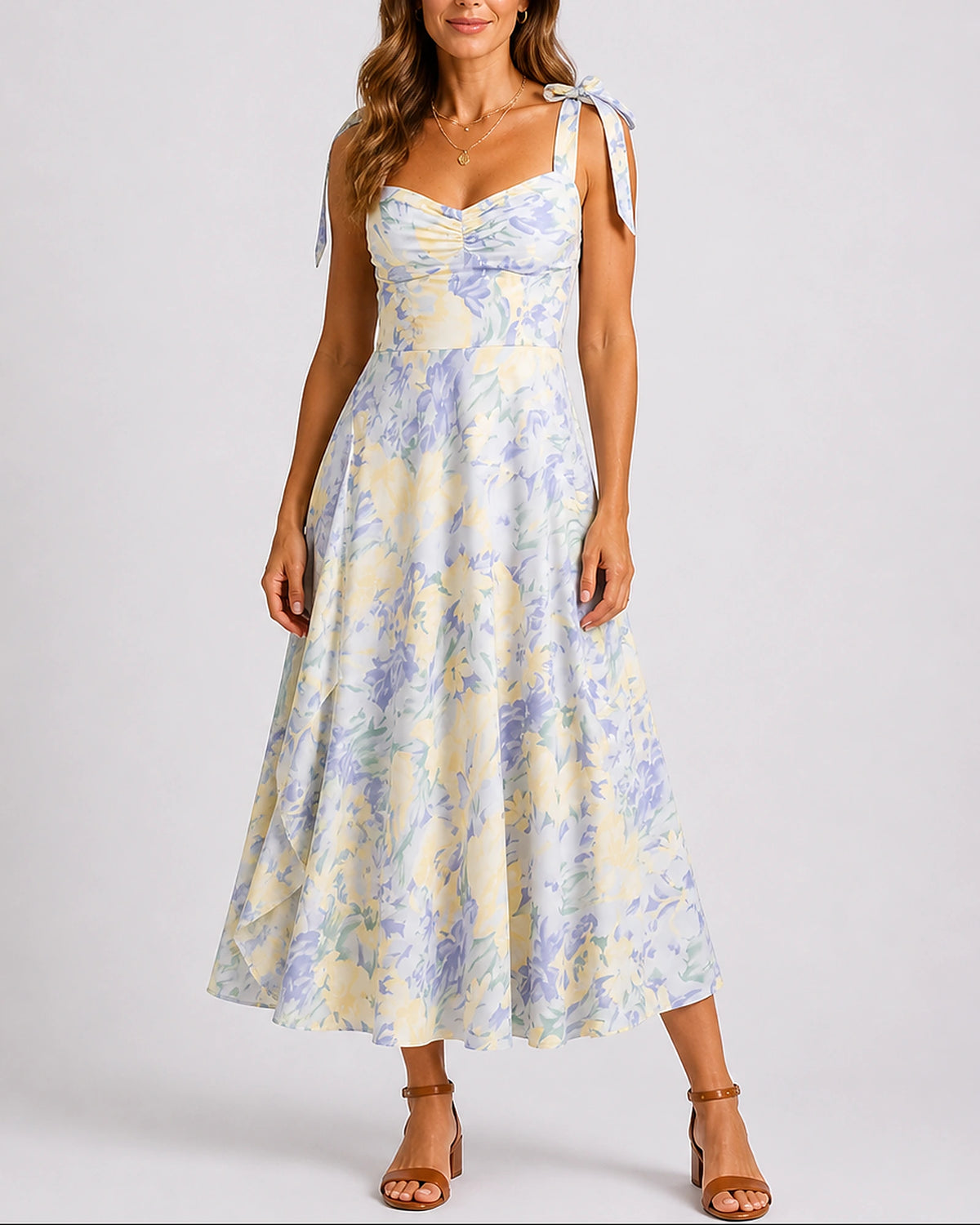 Women's Floral Midi Dress with Tie Shoulders and A-Line Skirt – Phoebe Lou