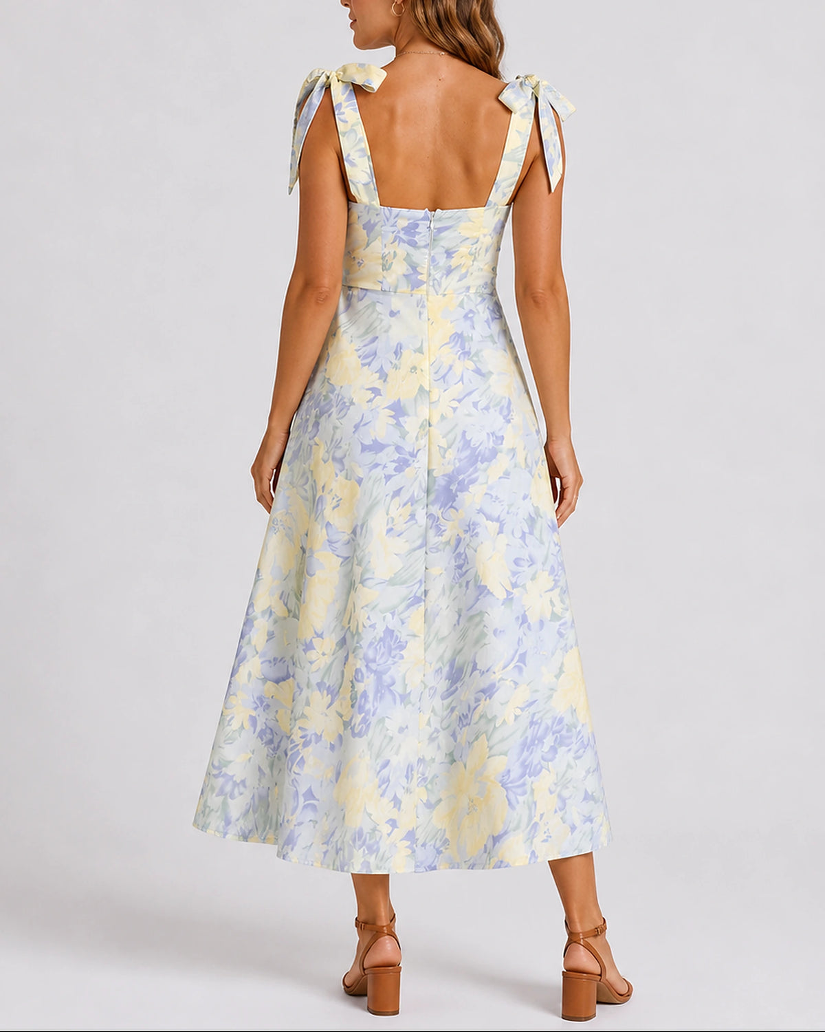 Women's Floral Midi Dress with Tie Shoulders and A-Line Skirt – Phoebe Lou